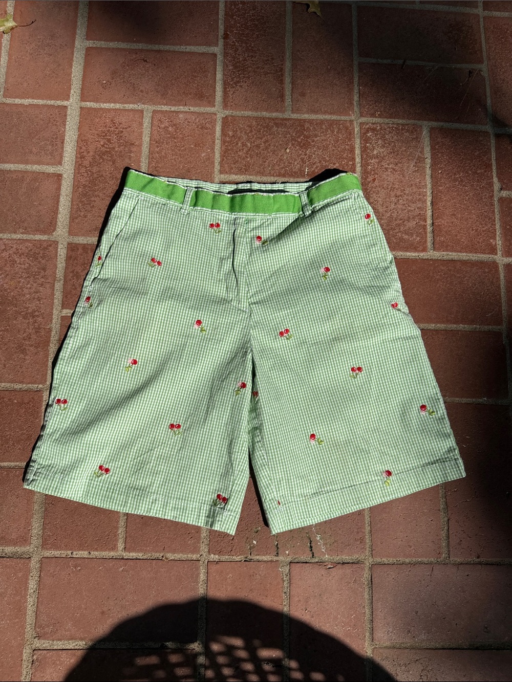 Preppy Kelly Green Gingham Shorts Embroidered Cherries by Khakis Int. Size 6